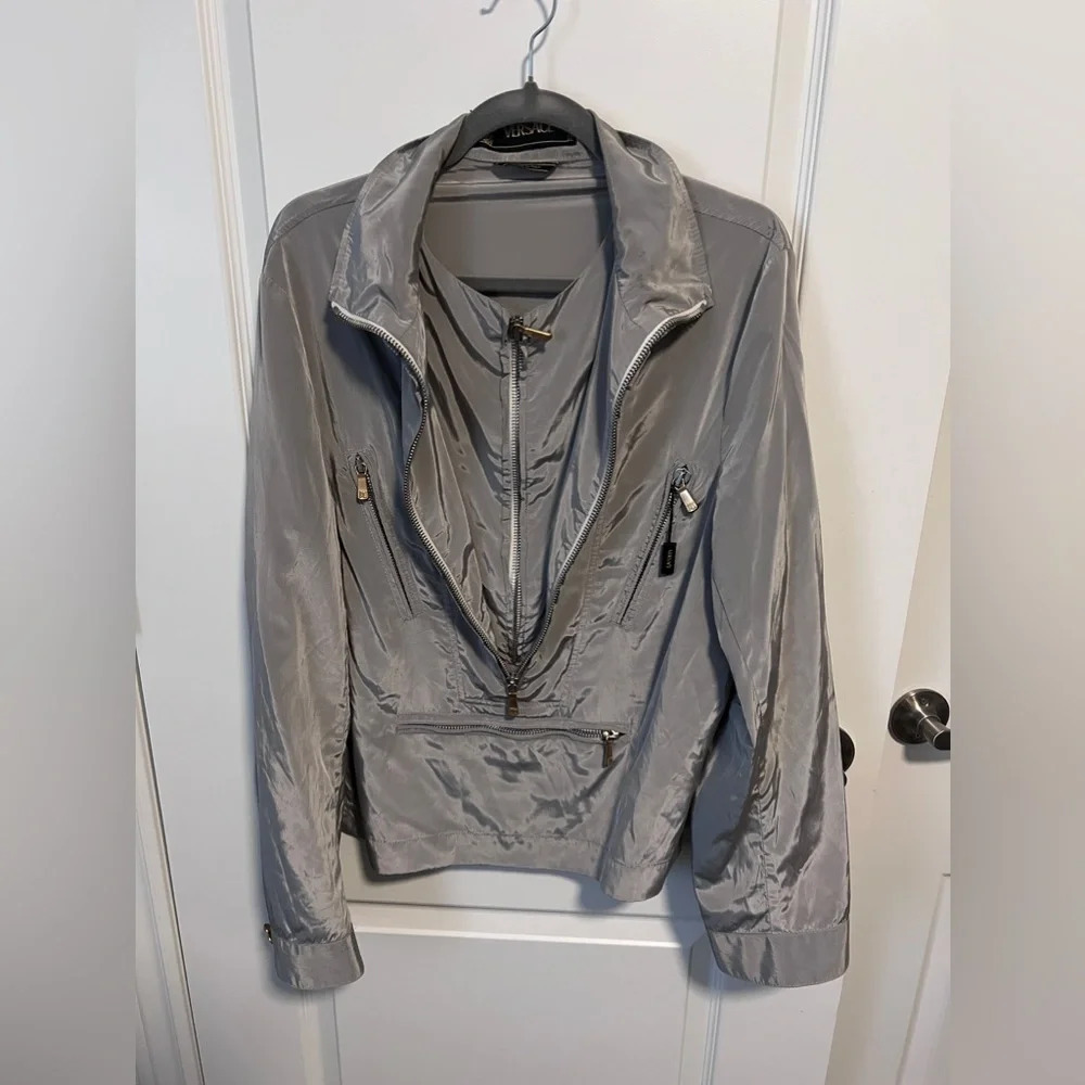 Vintage | Versace Double Zipper Silver Half-Zip Jacket | Size L (approx) - Picture 2 of 10